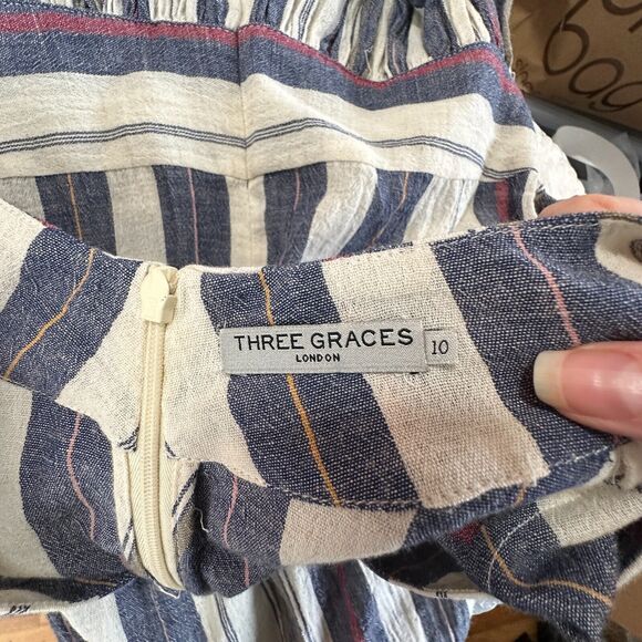 Three Graces London Ferrer Tan Blue Red Stripe Short Cuff Sleeve V-Neck Dress 10 - Picture 11 of 16